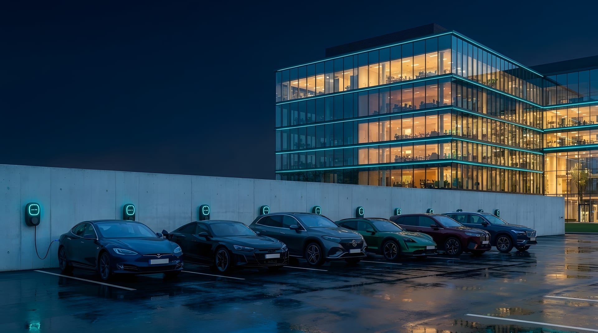 Flotte de véhicules électriques d'entreprise en charge sur une rangée de bornes, devant un immeuble de bureaux la nuit
