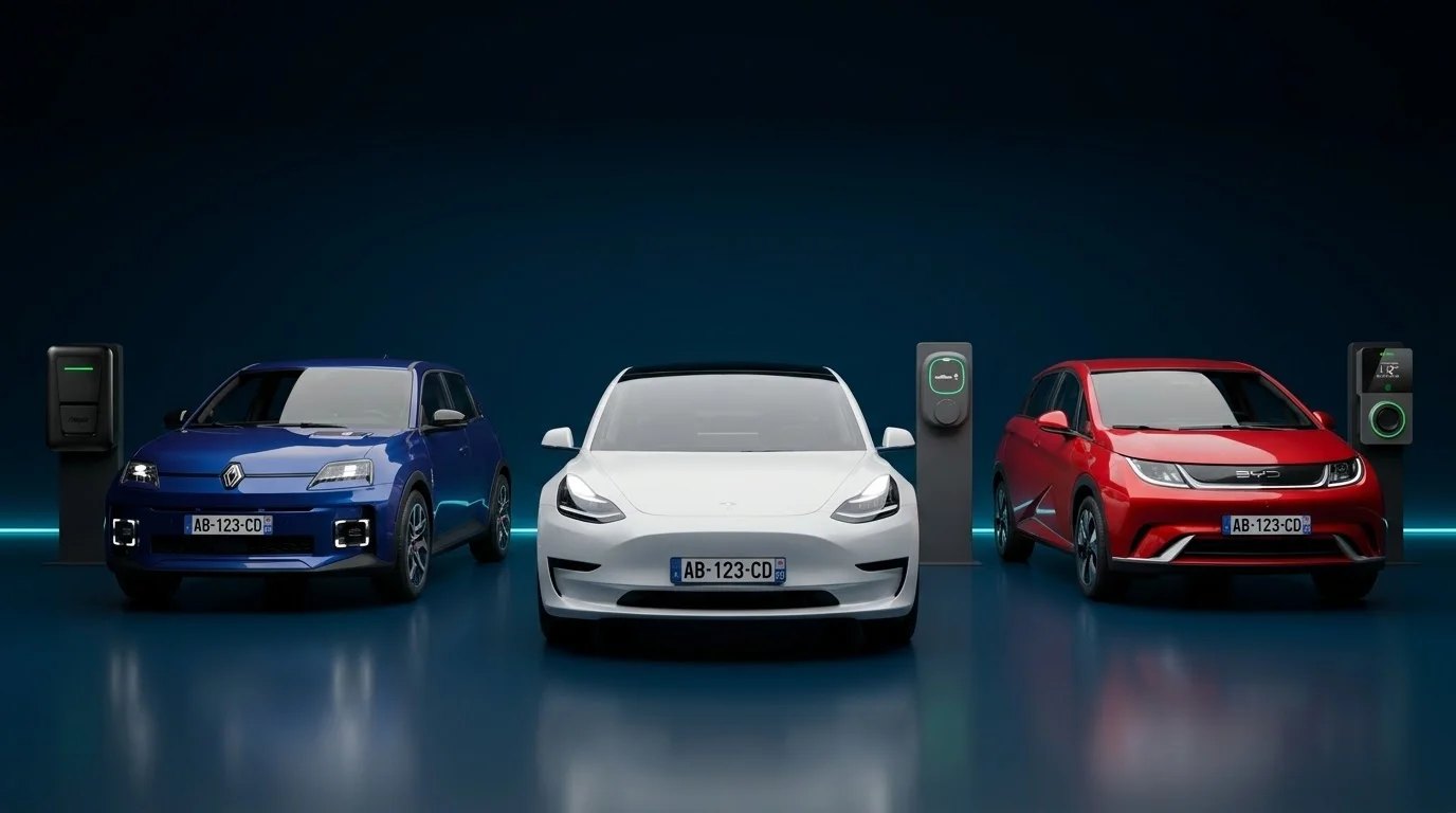 Trois voitures électriques (Renault 5, Tesla, BYD) en charge sur des bornes Volticom, aux couleurs de la France
