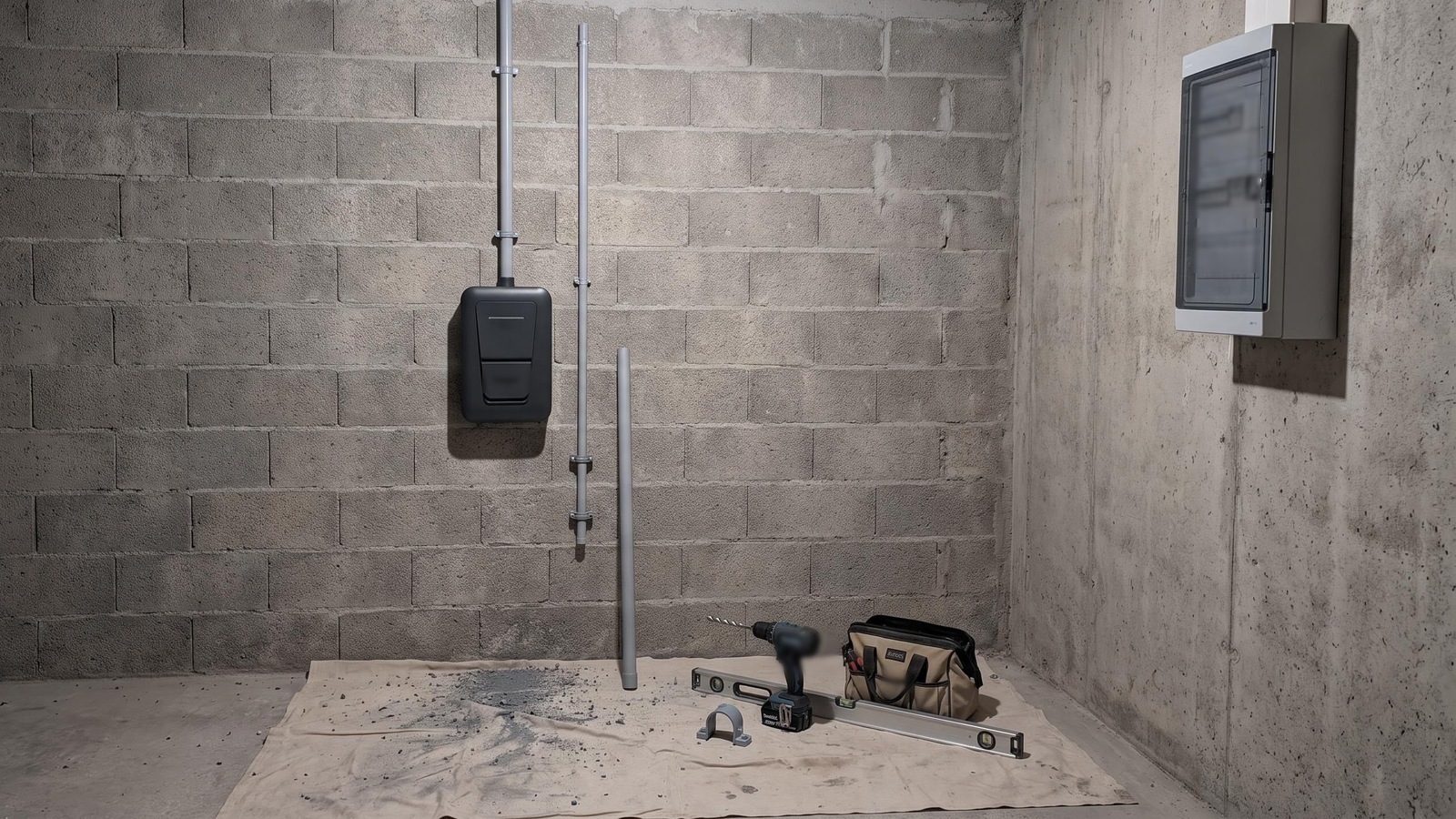 Pose d’une borne de recharge murale en cours dans un garage : gaines, tableau électrique et outillage